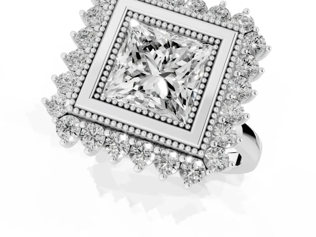 Princess Cut Halo Diamond Ring with Milgrain Edge and Round Prong Setting Silver
