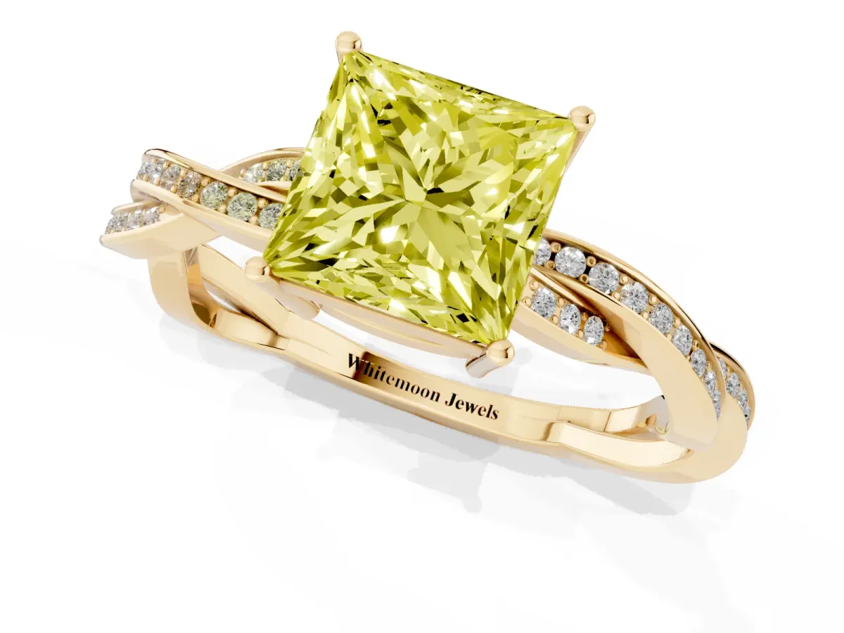 Fancy Yellow Princess Cut Solitaire Twisted Pave Diamond Ring with Four-Prong Setting Yellow gold