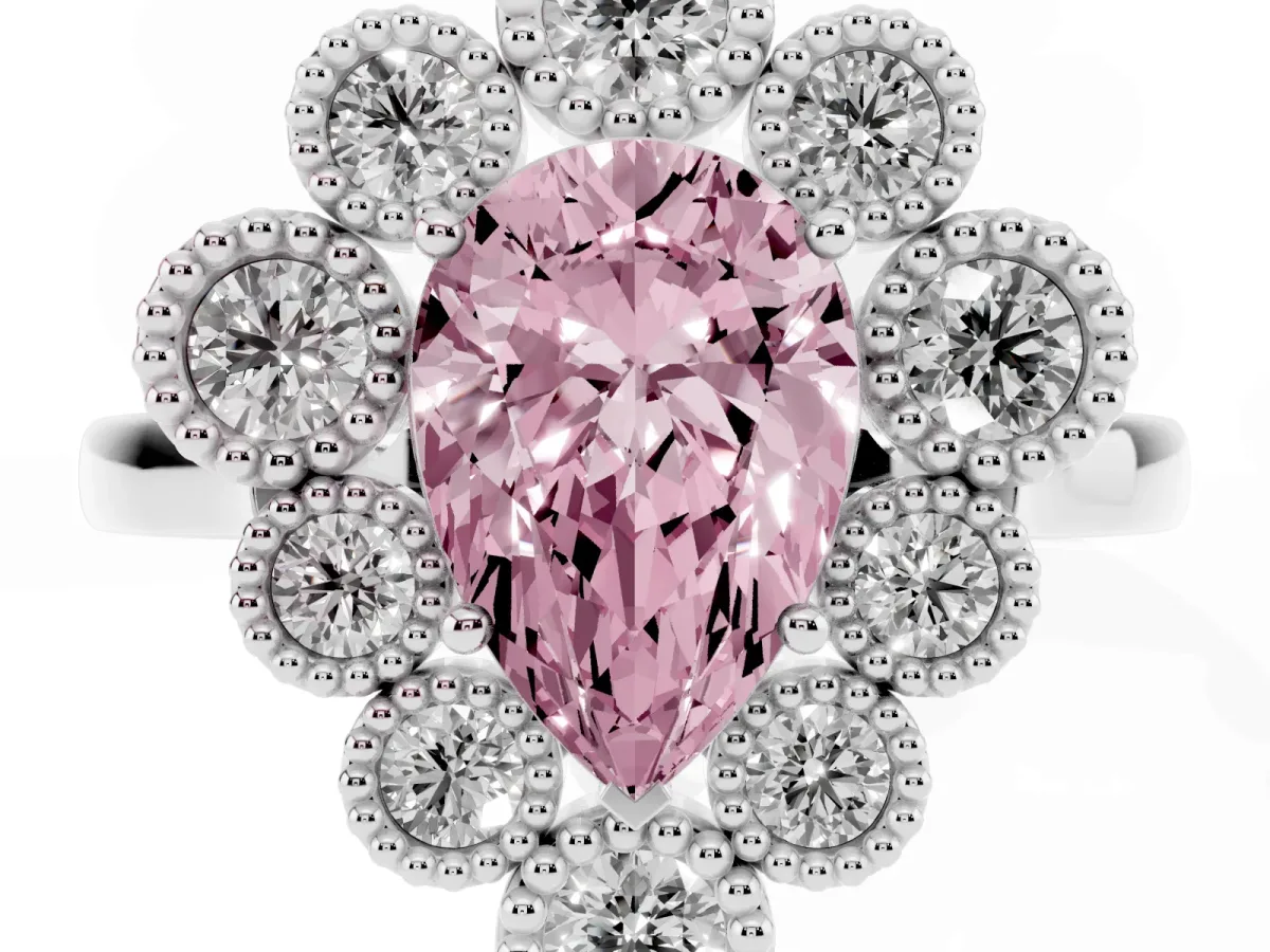 Fancy Pink Pear Cut Halo Diamond Cluster Engagement Ring with Milgrain Bezel Setting and Solitaire Band White gold