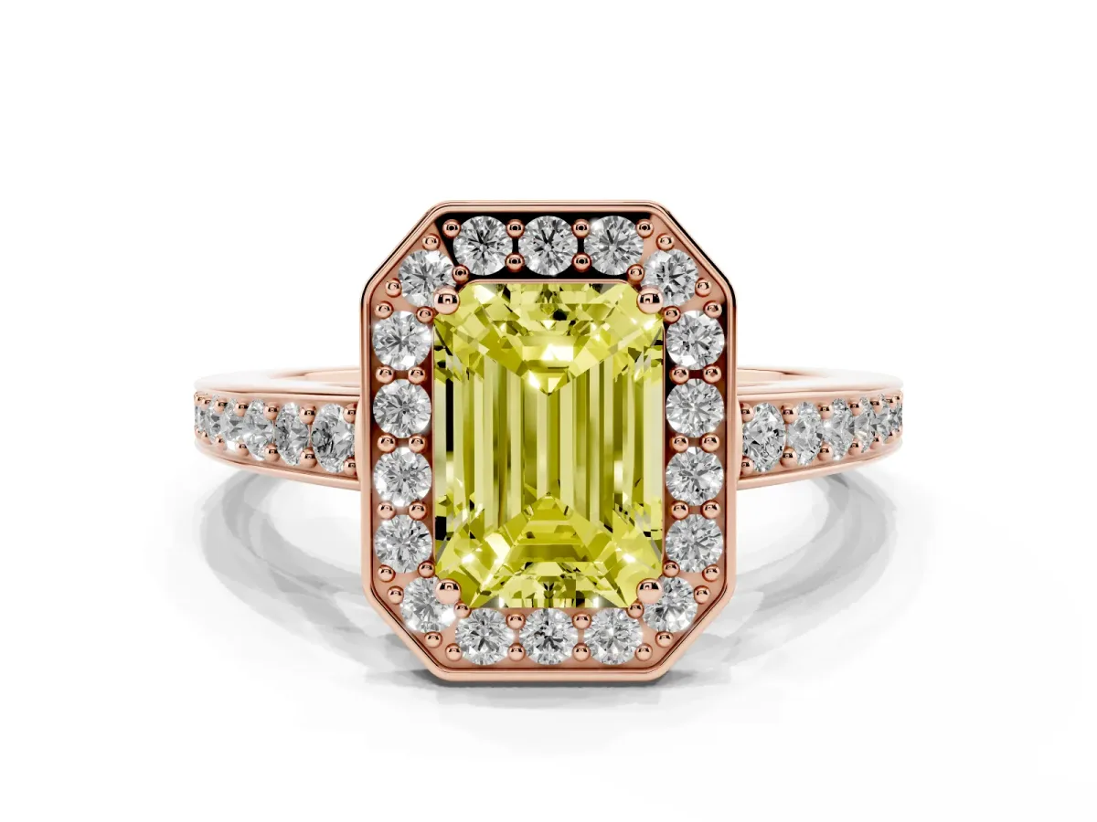 Fancy Yellow Emerald Cut Halo Pavé Diamond Engagement Ring with Bezel Setting Rose gold
