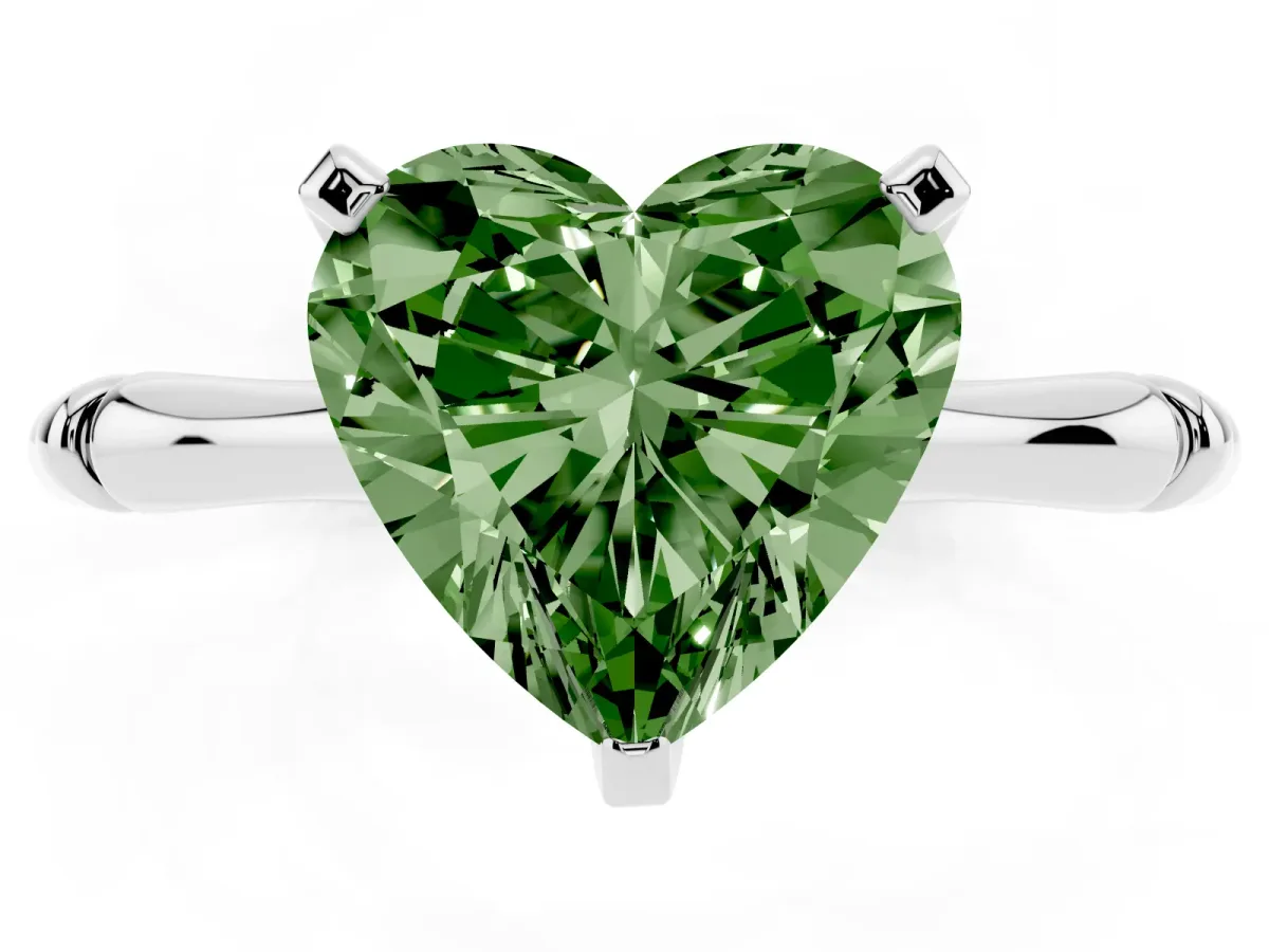 Fancy Green Heart Cut Solitaire Diamond Ring with Bamboo Band and Four-Prong Setting Silver