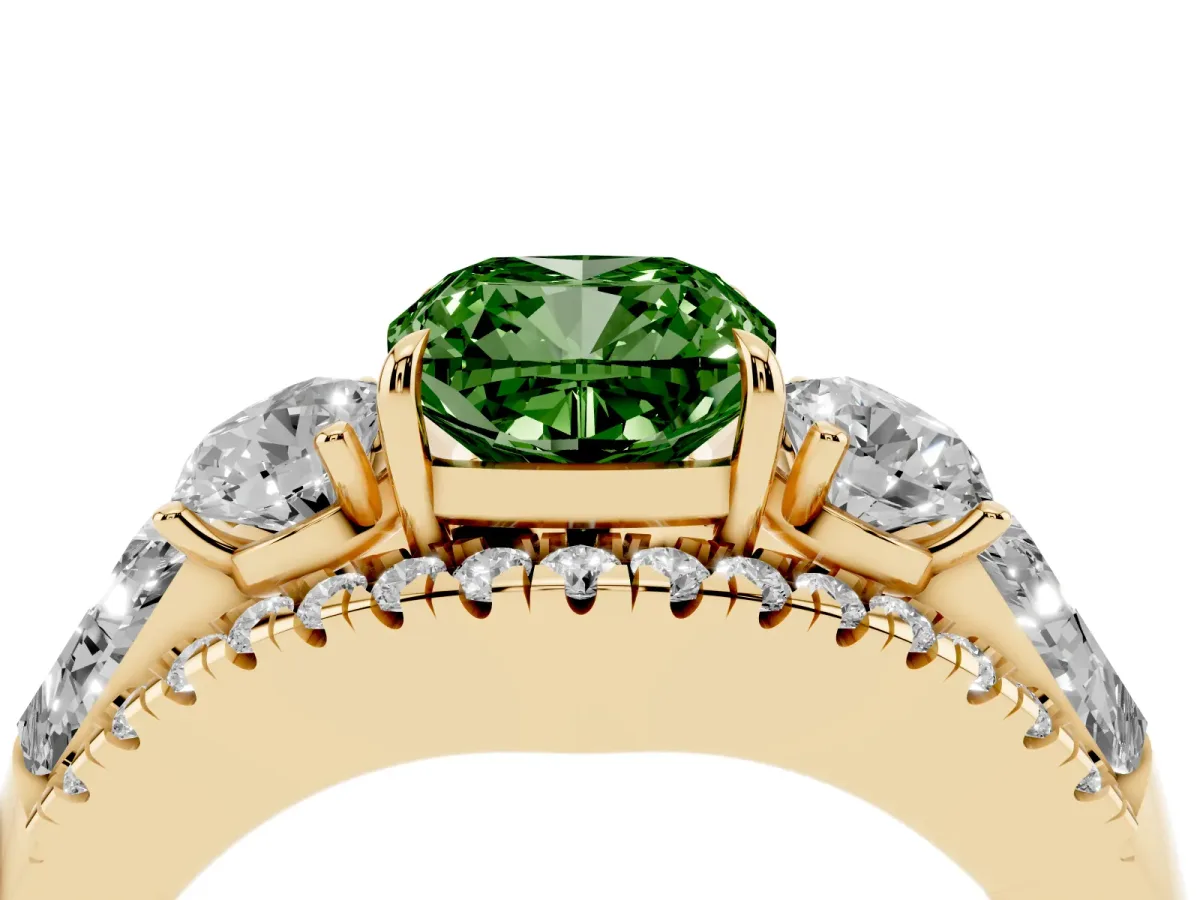 Fancy Green Three-Stone Cushion Cut Diamond Engagement Ring with Pave Band and Prong Setting Yellow gold