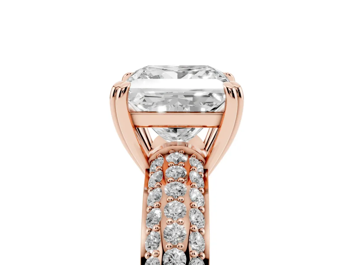 Princess Cut Diamond Solitaire Ring with Multi-Row Round Pavé Band and Prong Setting Rose gold