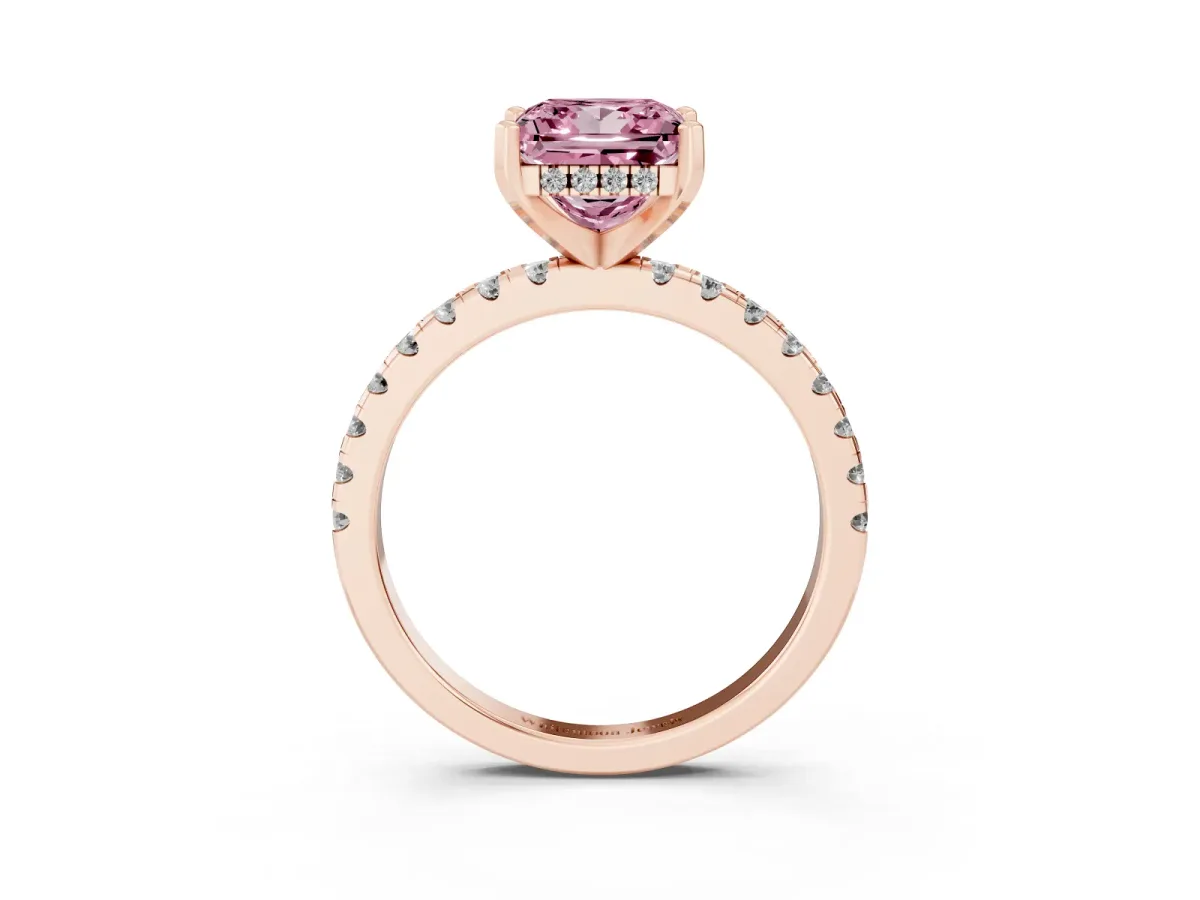 Fancy Pink Princess Cut Diamond Solitaire Ring with Round Pavé Band and Four-Prong Setting Rose gold