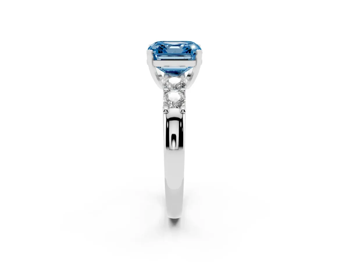 Fancy Blue Asscher Cut Brilliant Cut Diamond Five-Stone Prong Set Engagement Ring with Channel Band Platinum