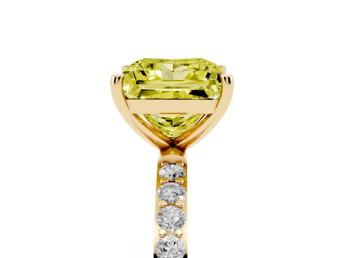Fancy Yellow Princess Cut Diamond Solitaire Ring with Round Pavé Shoulders and Prong Setting Yellow gold
