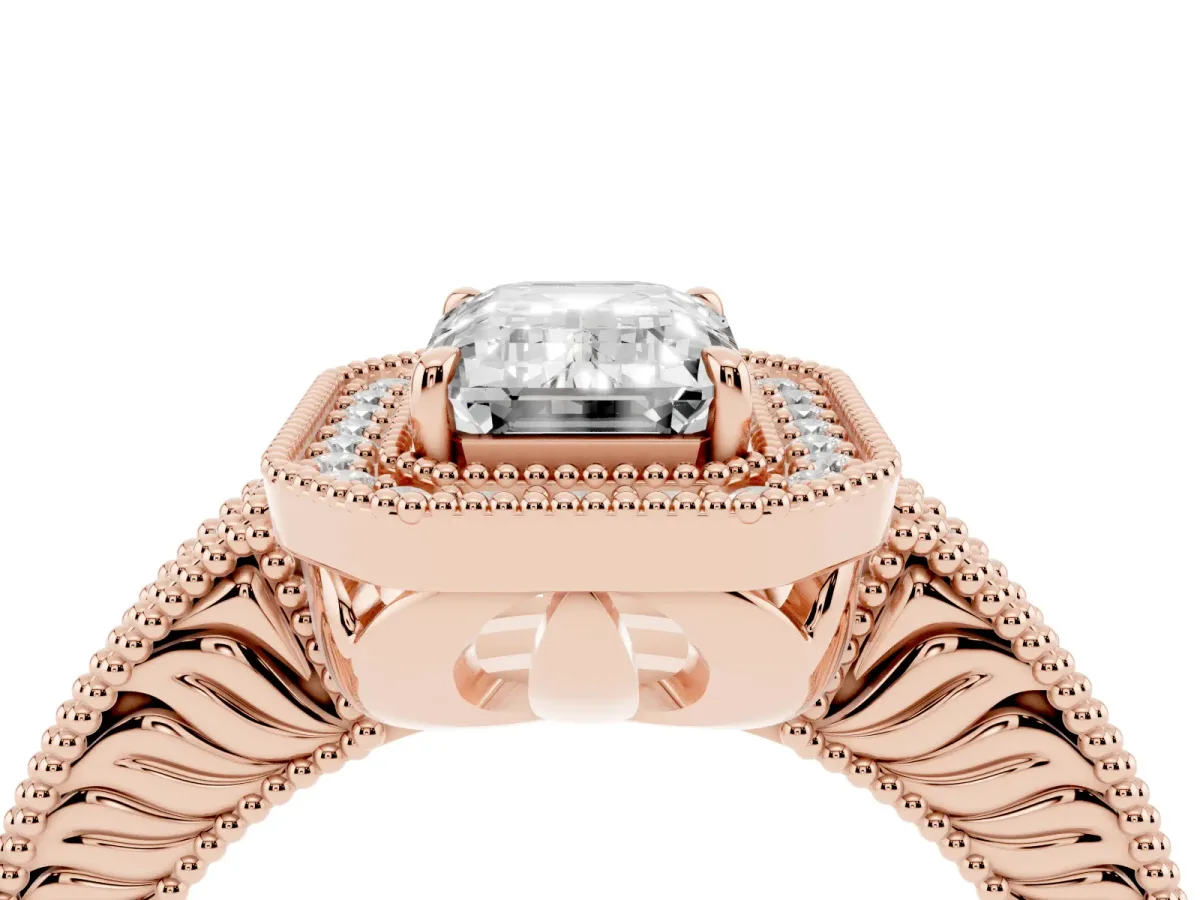Emerald Cut Cut Halo Diamond Ring with Pavé Band and Four-Prong Setting Rose gold
