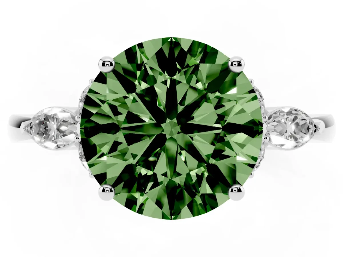 Fancy Green Round Cut Brilliant Diamond Solitaire Ring with Pear Side Stones and Four-Prong Setting Silver