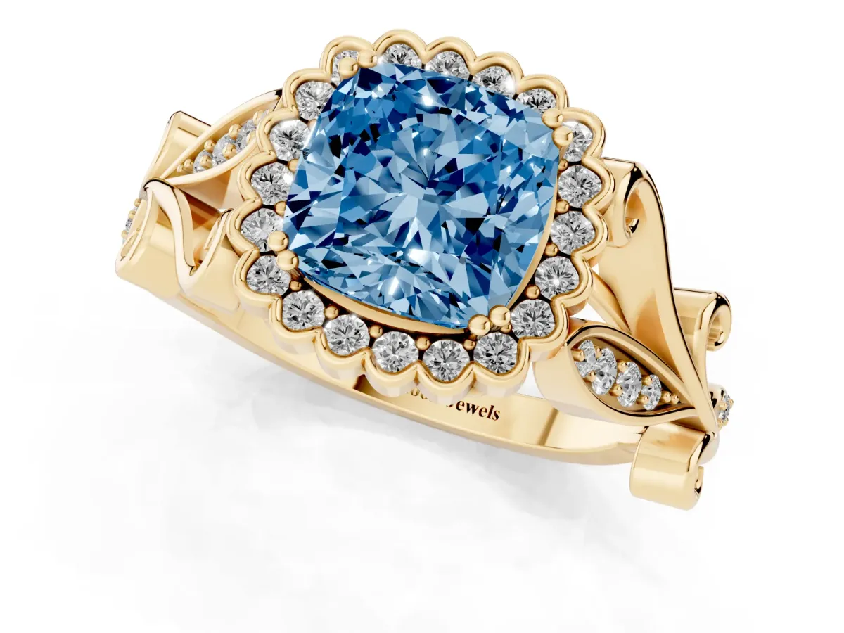 Fancy Blue Cushion Cut Diamond Halo Ring with Vintage Split Shank and Four-Prong Setting Yellow gold