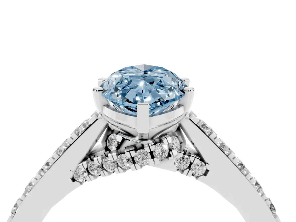 Fancy Blue Marquise Cut Diamond Solitaire Ring with Crossover Gallery and Round Pavé Band Silver