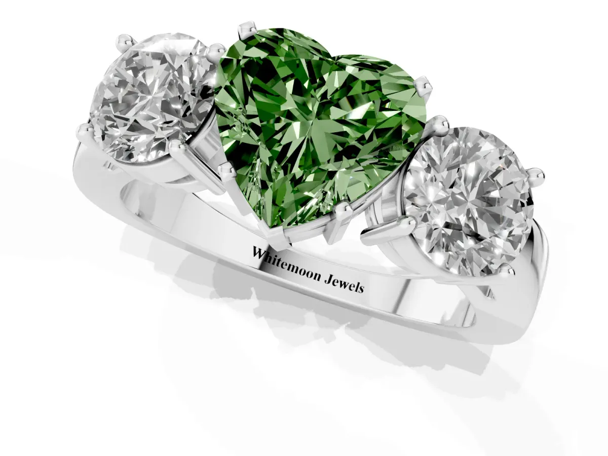 Fancy Green Three-Stone Heart Cut Diamond Ring with Round Side Stones, Classic Band, and Four-Prong Setting White gold