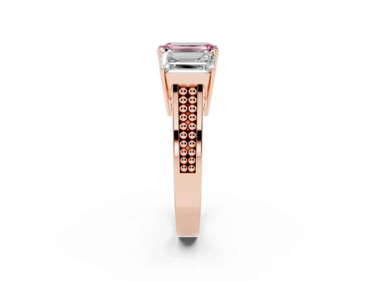 Fancy Pink Emerald Cut Diamond Three-Stone Ring with Prong Setting and Textured Band Rose gold