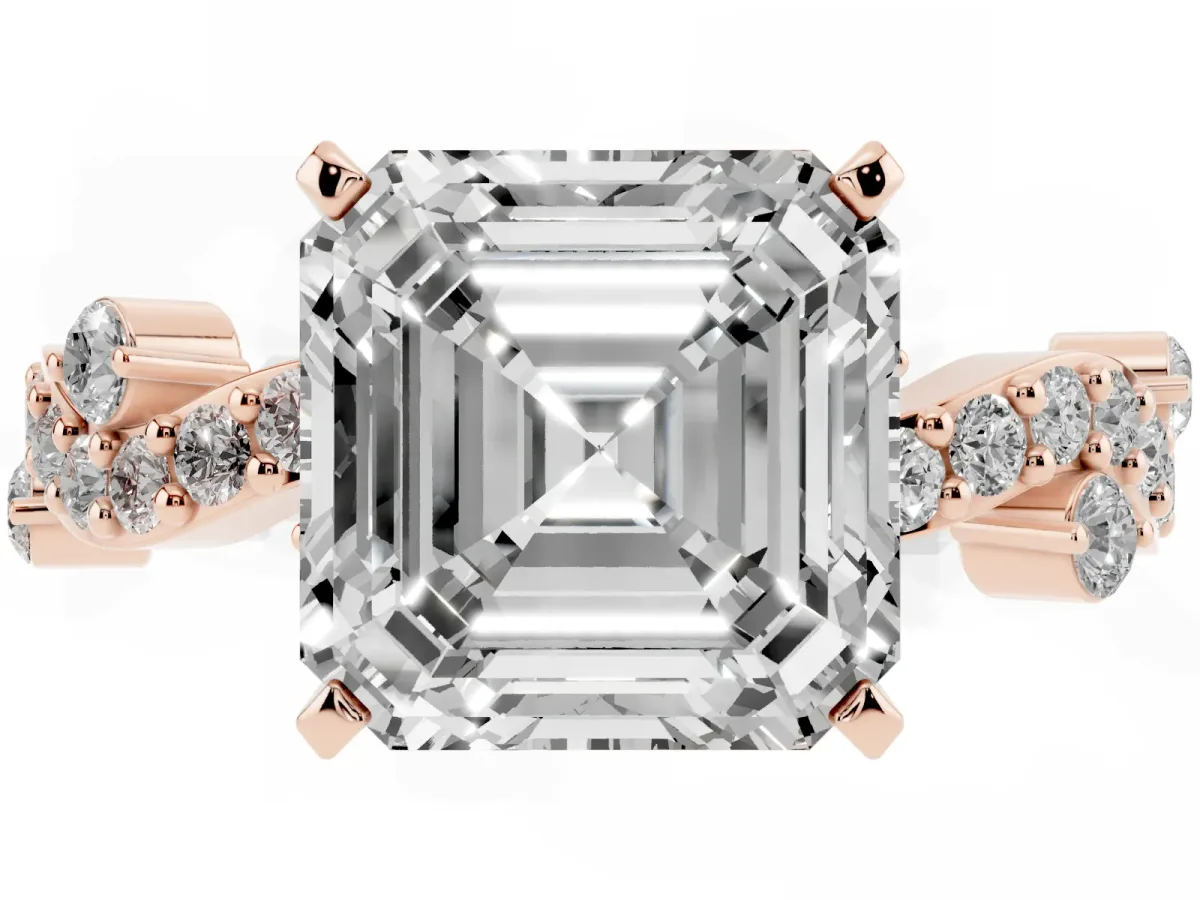 Asscher Cut Cut Solitaire Diamond Twisted Band with Pave Setting Rose gold