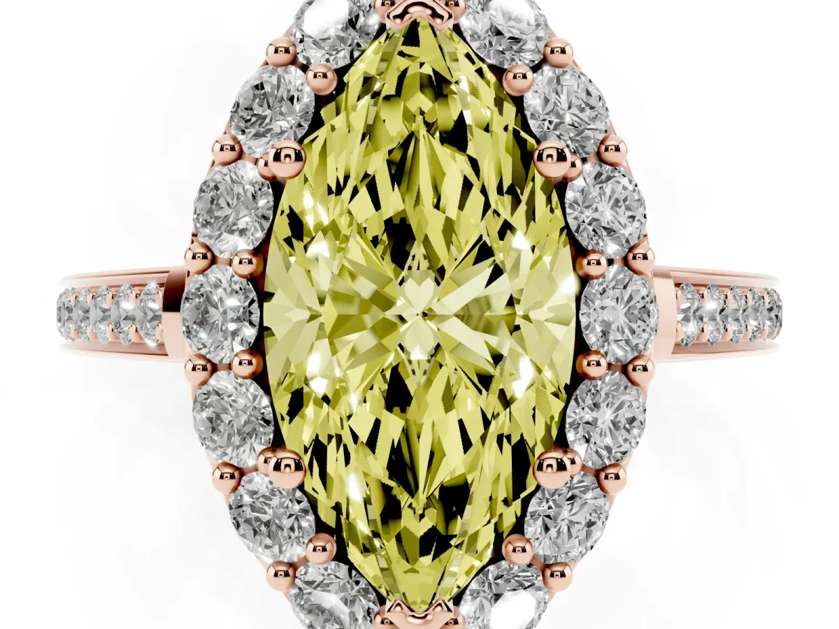 Fancy Yellow Marquise Cut Diamond Floral Halo Ring with Pavé Band and Prong Setting Rose gold