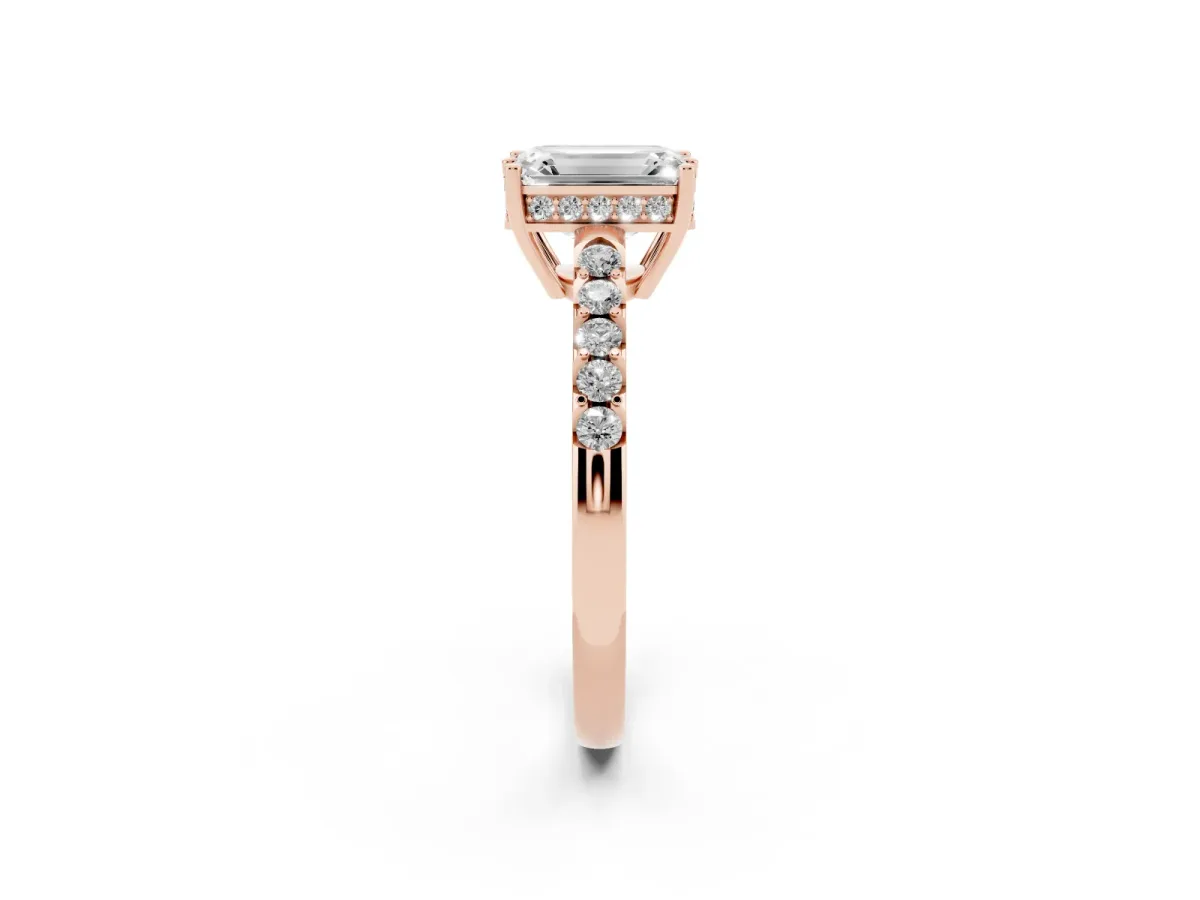 Emerald Cut Solitaire Diamond Engagement Ring with Pavé Band and Six-Prong Setting Rose gold