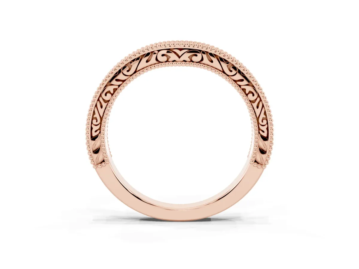 Pave Round Diamond Curved Milgrain Band Rose gold