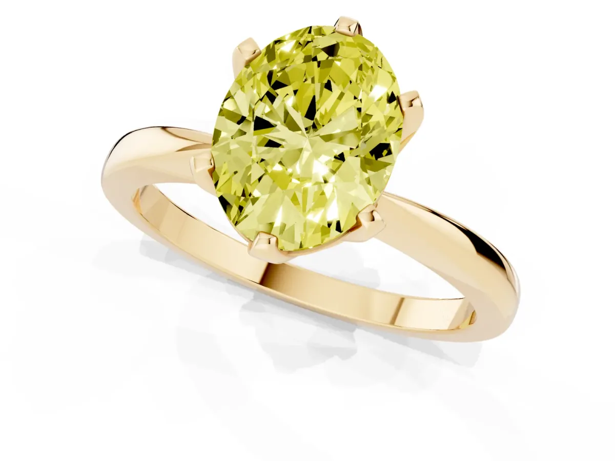 Fancy Yellow Oval Cut Solitaire Engagement Ring with Six-Prong Setting and Tapered Band Yellow gold