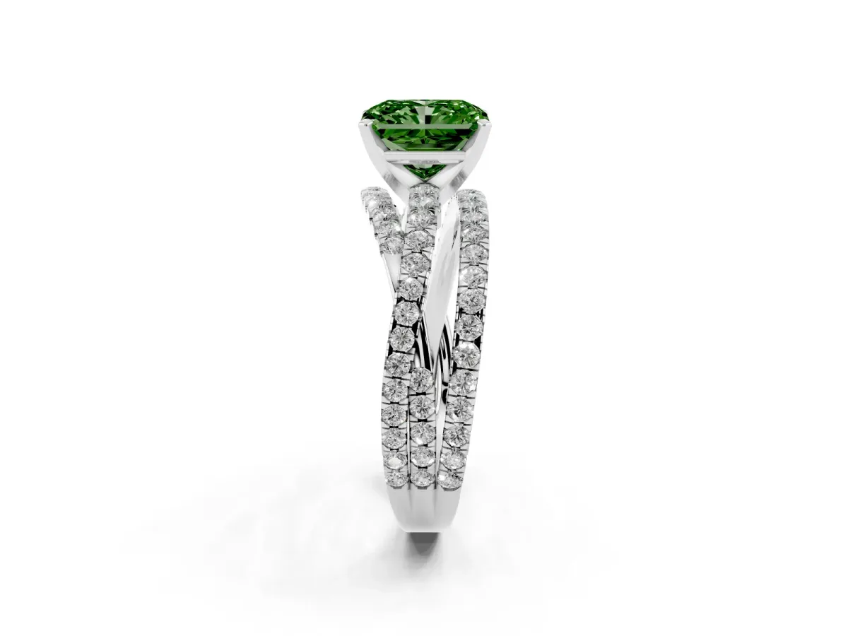 Fancy Green Radiant Cut Solitaire Twist Band with Pavé Setting and Four-Prong Setting Silver