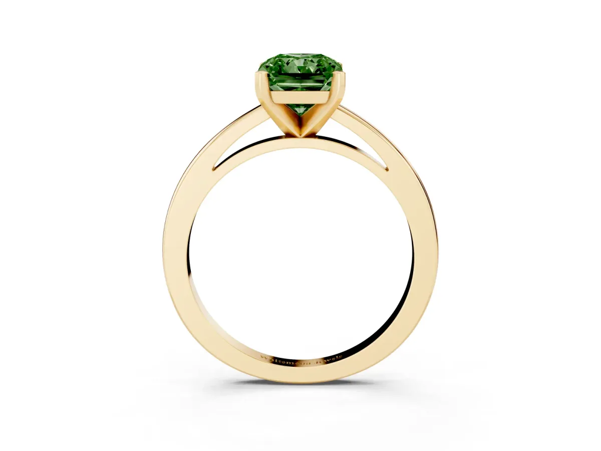 Fancy Green Radiant Cut Solitaire Diamond Engagement Ring with Four-Prong Setting on a Classic Band Yellow gold