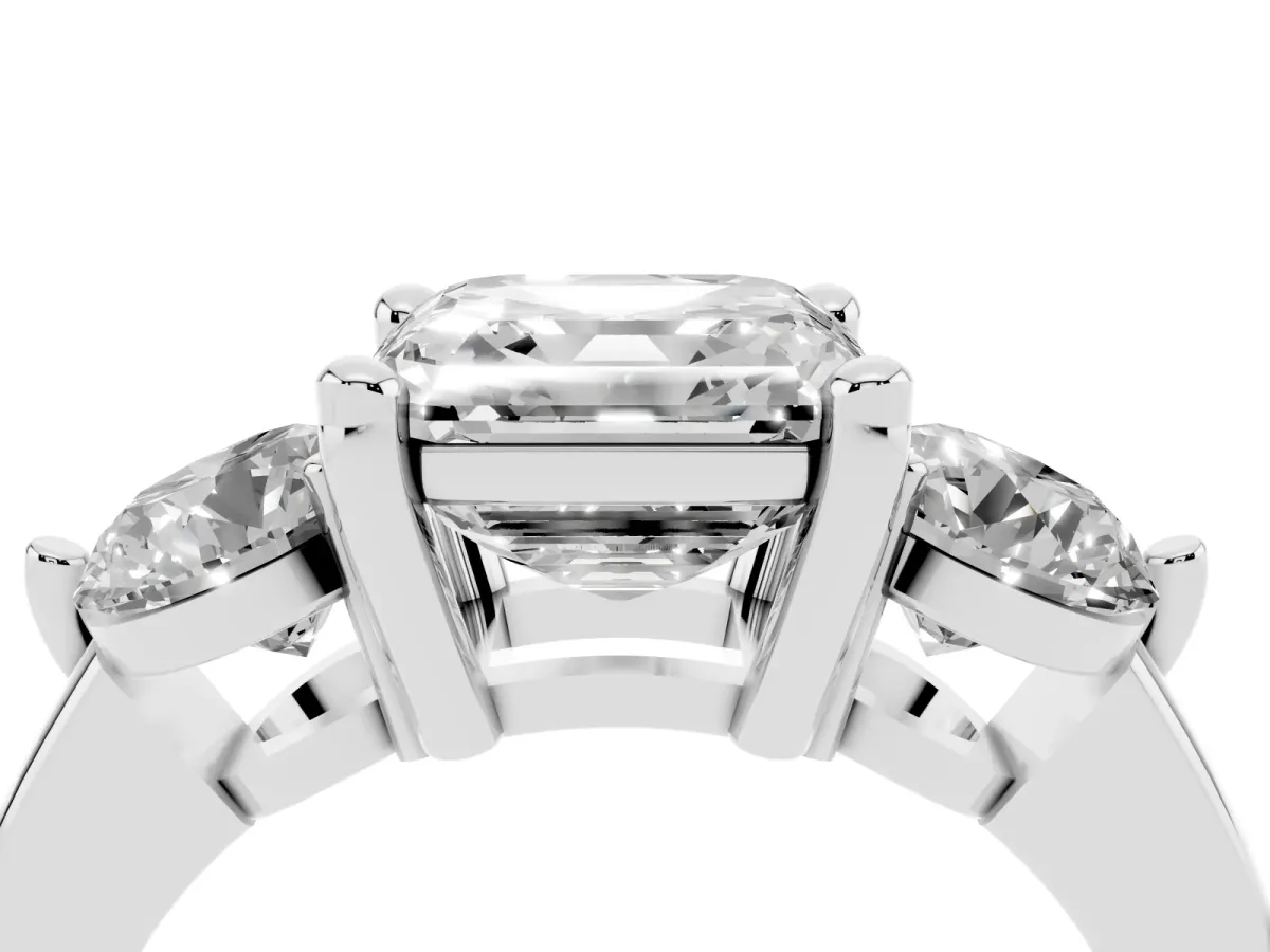 Three-Stone Asscher Cut Brilliant Cut Solitaire Ring with Prong Setting on a Classic Band White gold