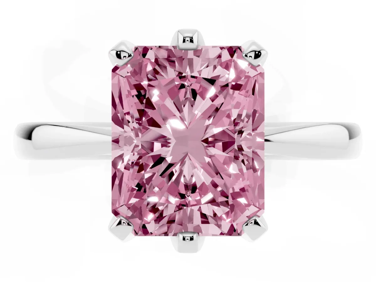 Fancy Pink Radiant Cut Solitaire Engagement Ring with Six-Prong Setting and Tapered Band Platinum