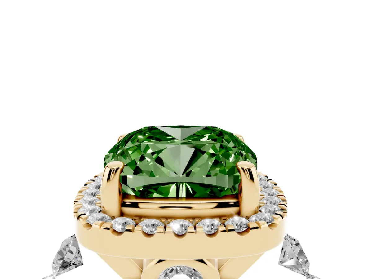 Fancy Green Cushion Cut Halo Pavé Diamond Engagement Ring with Four-Prong Setting Yellow gold