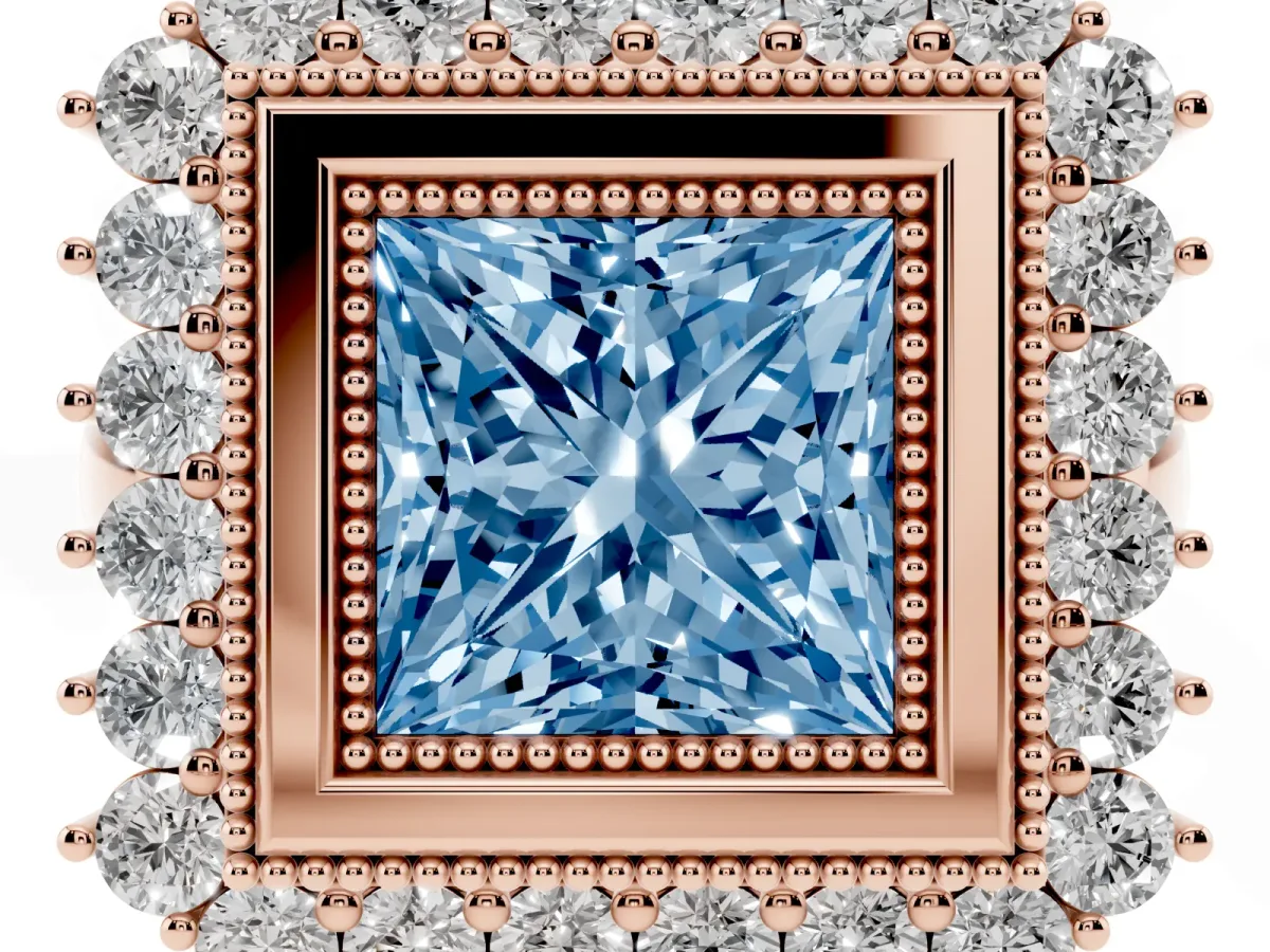 Fancy Blue Princess Cut Halo Diamond Ring with Milgrain Edge and Round Prong Setting Rose gold
