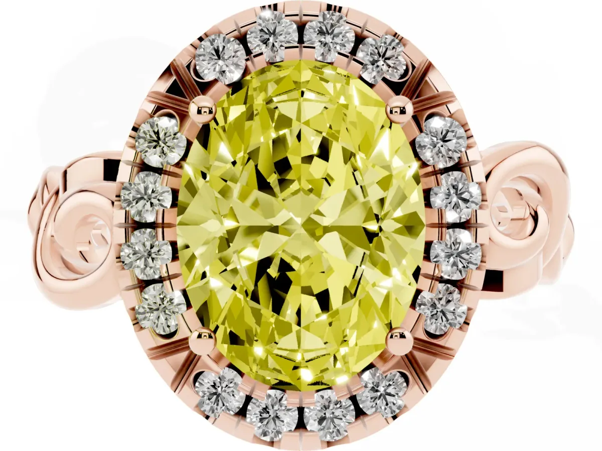 Fancy Yellow Oval Cut Cut Halo Diamond Ring with Scrollwork Band and Four-Prong Setting Rose gold