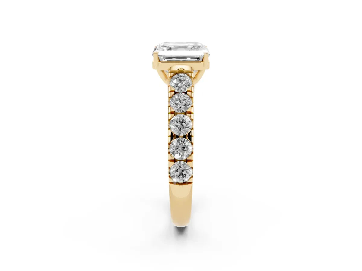 Asscher Cut Cut Diamond Solitaire Ring with Micro Pave Band and Prong Setting Yellow gold
