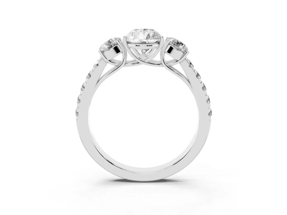 Pear Cut Cut Diamond Three-Stone Ring with Round Side Stones and Pavé Band Silver