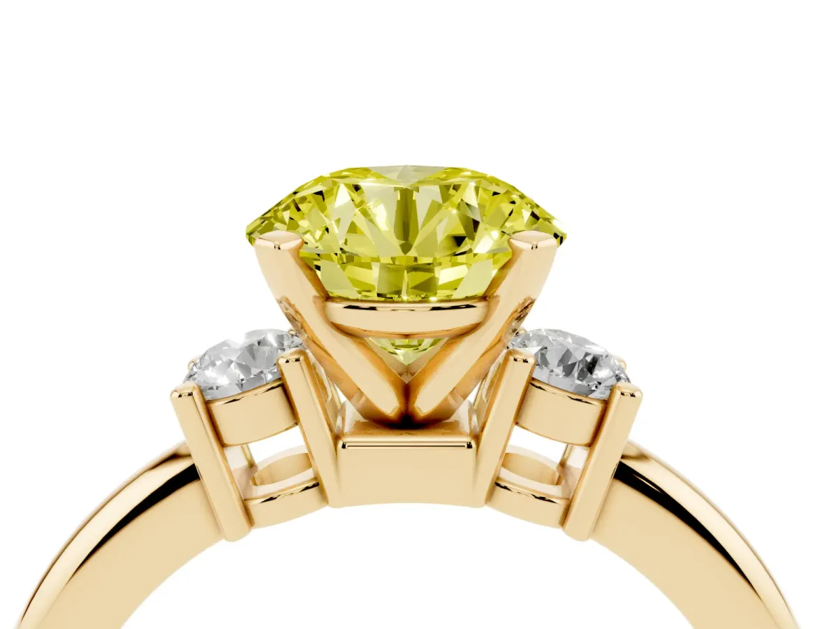 Fancy Yellow Three-Stone Round Cut Cut Diamond Solitaire with Prong Setting and Classic Band Yellow gold