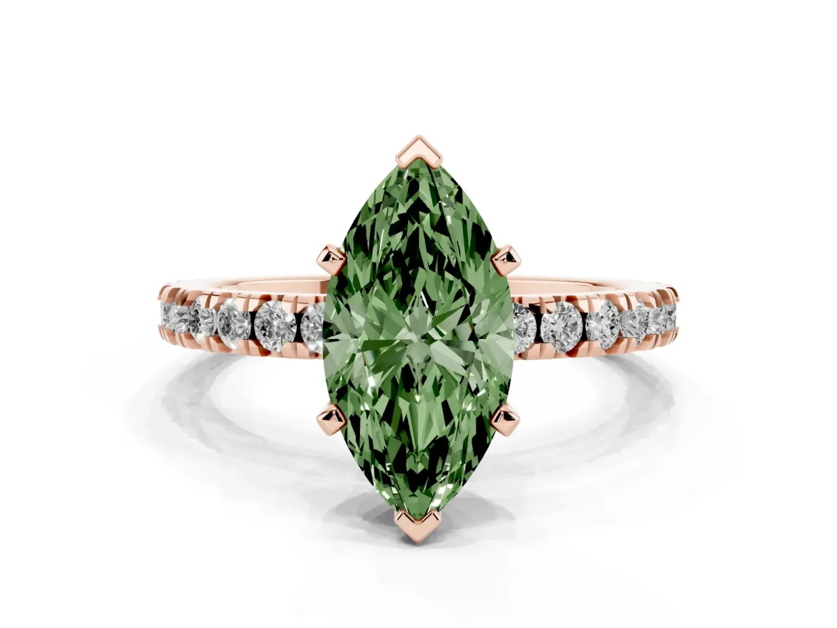 Fancy Green Marquise Cut Diamond Pavé Band Solitaire with Four-Prong Setting Rose gold