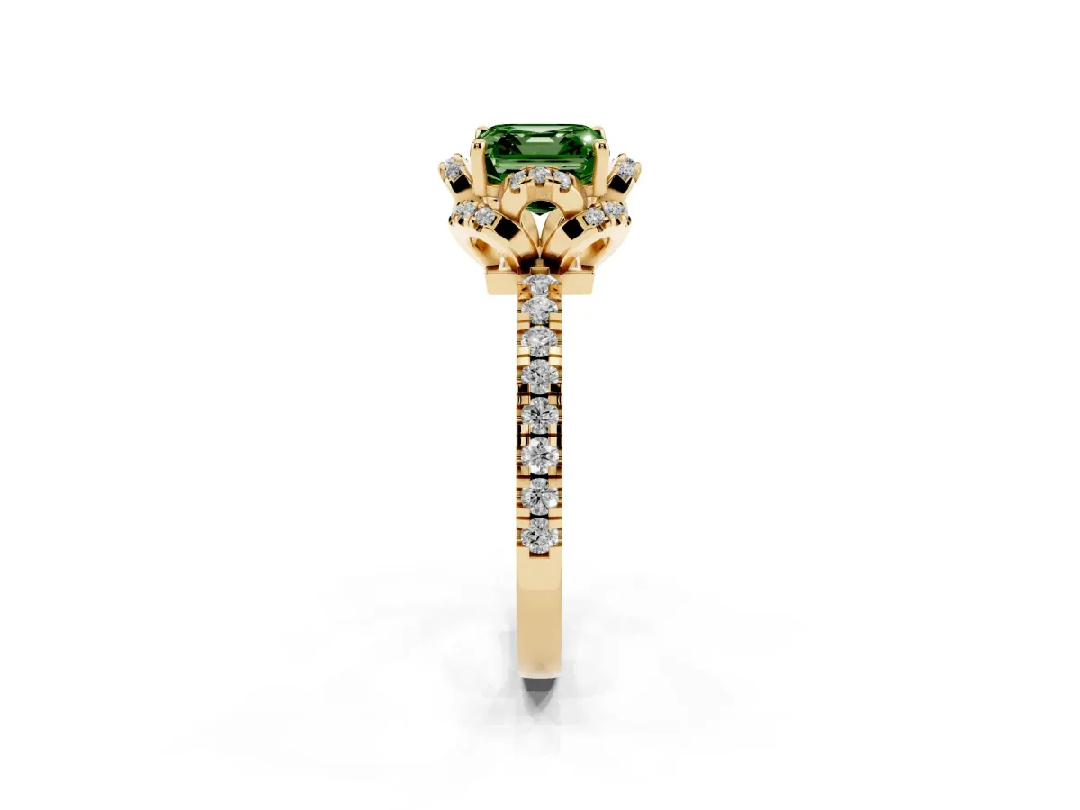 Fancy Green Asscher Cut Diamond Halo Pave Band with Four-Prong Setting Yellow gold