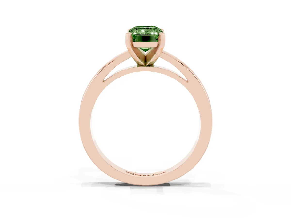 Fancy Green Emerald Cut Solitaire Diamond Engagement Ring with Four-Prong Setting on a Classic Band Rose gold