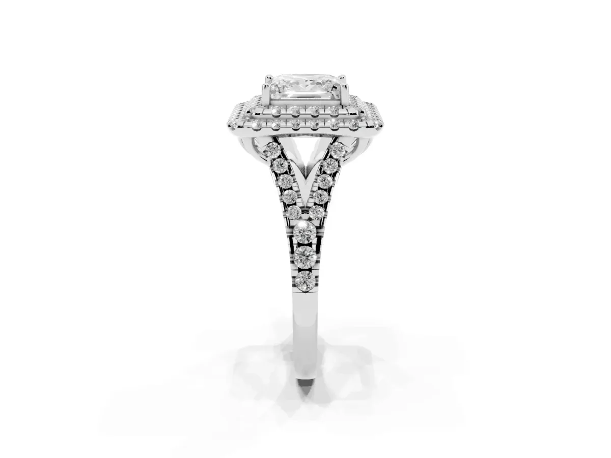 Double Halo Princess Cut Diamond Pavé Split Shank Ring with Prong Setting Platinum