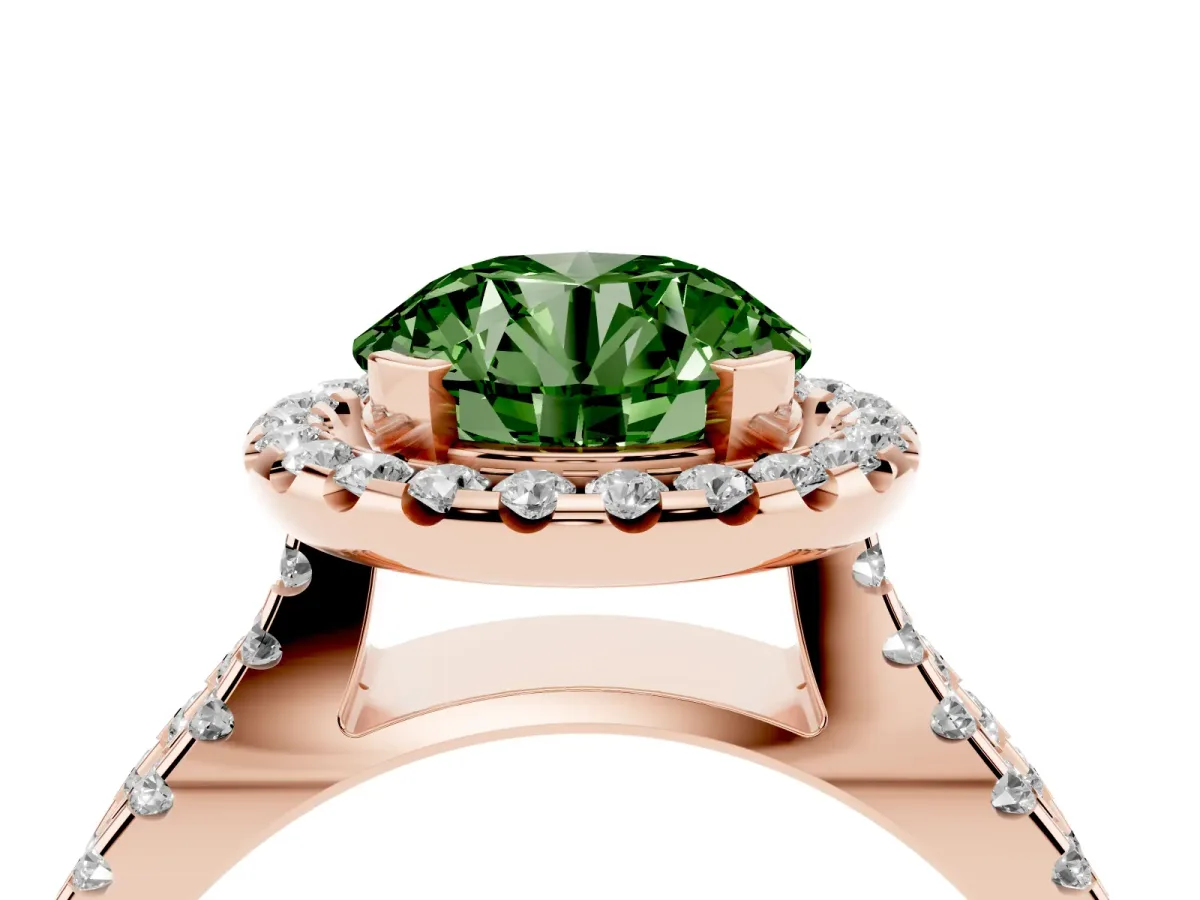 Fancy Green Round Cut Diamond Halo Ring with Split Shank Pavé Band and Prong Setting Rose gold