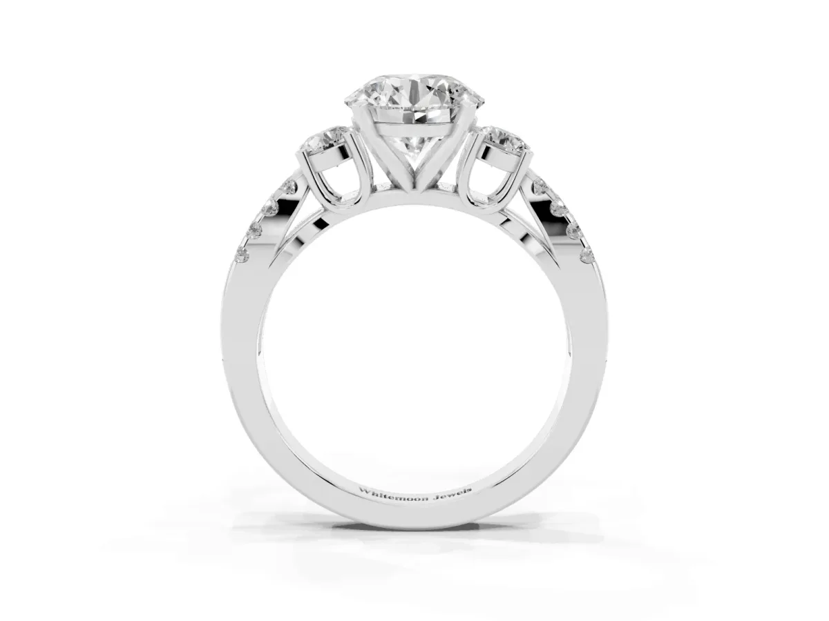 Round Cut Diamond Three-Stone Ring with Pavé Split Shank and Four-Prong Setting White gold