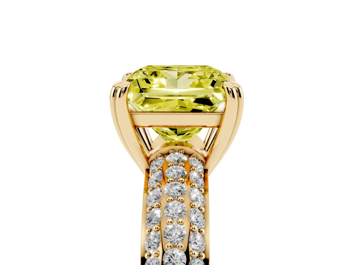 Fancy Yellow Princess Cut Diamond Solitaire Ring with Multi-Row Round Pavé Band and Prong Setting Yellow gold