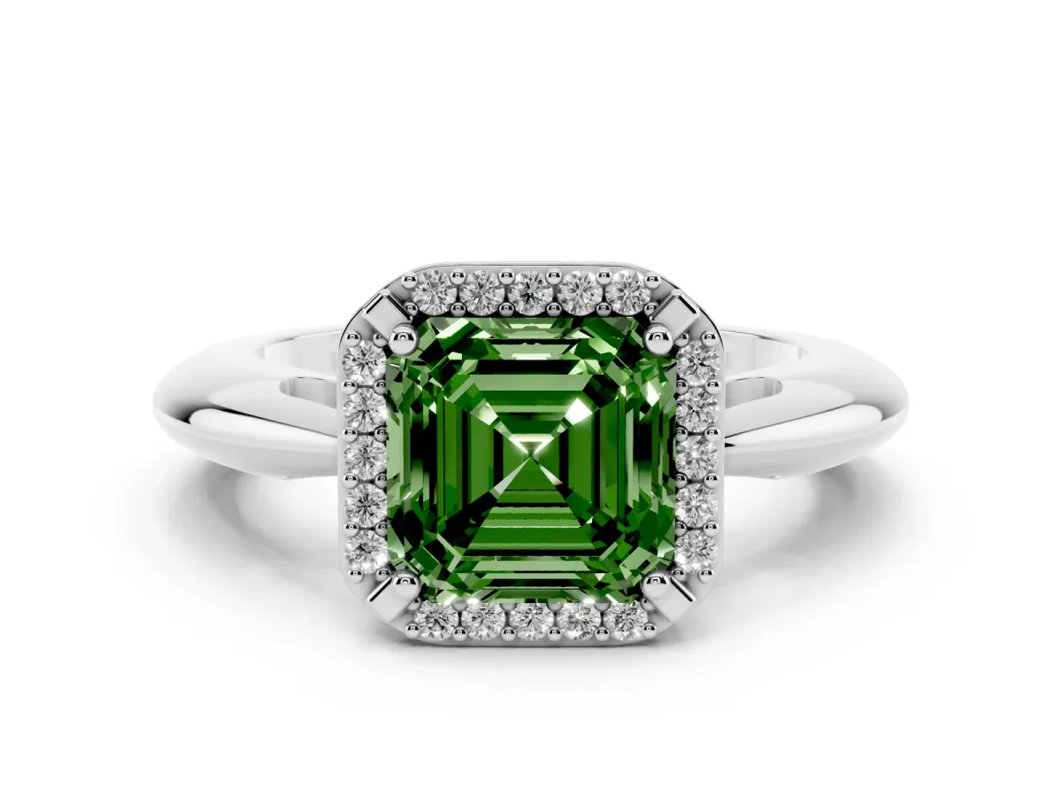 Fancy Green Asscher Cut Cut Diamond Halo Engagement Ring with Split Shank and Four-Prong Setting Silver