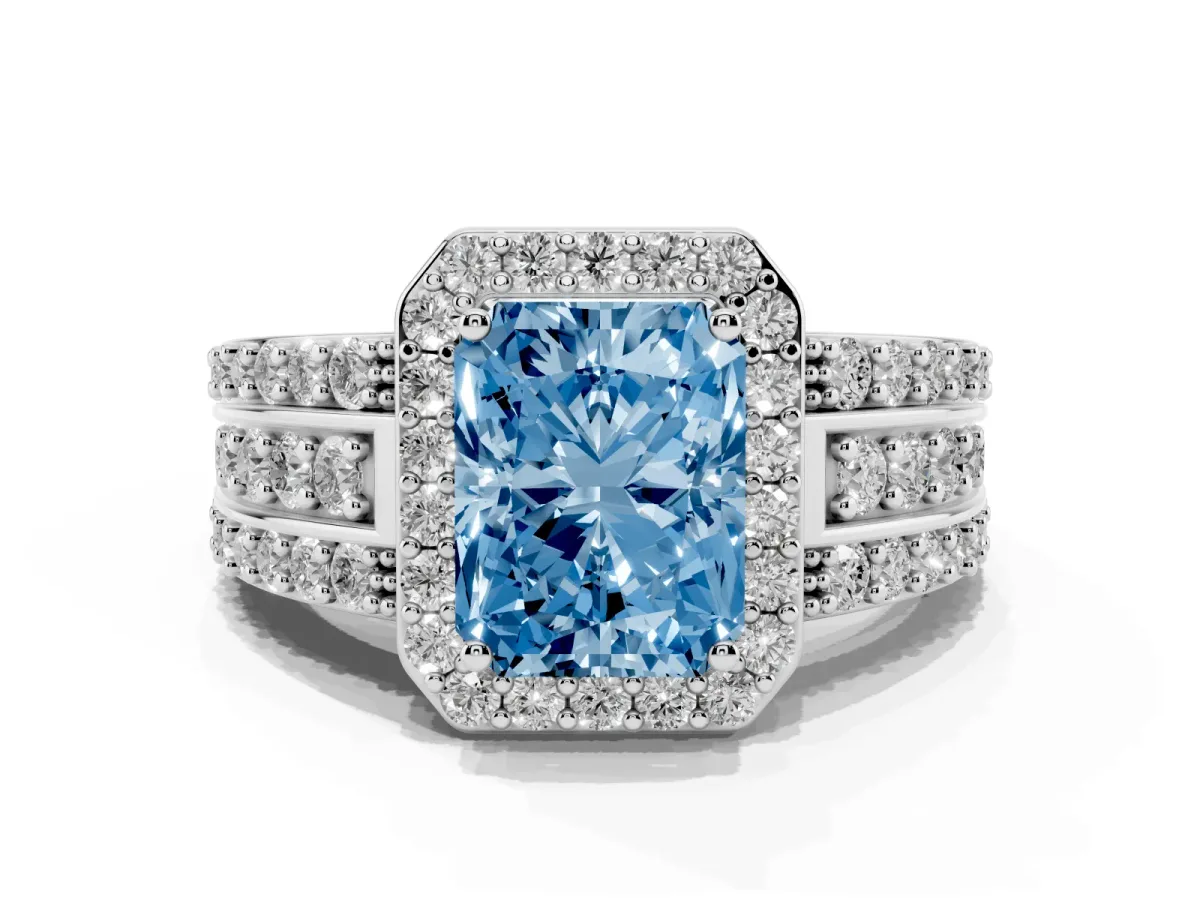 Fancy Blue Radiant Cut Halo Diamond Ring with Round Split Shank and Prong Setting Silver