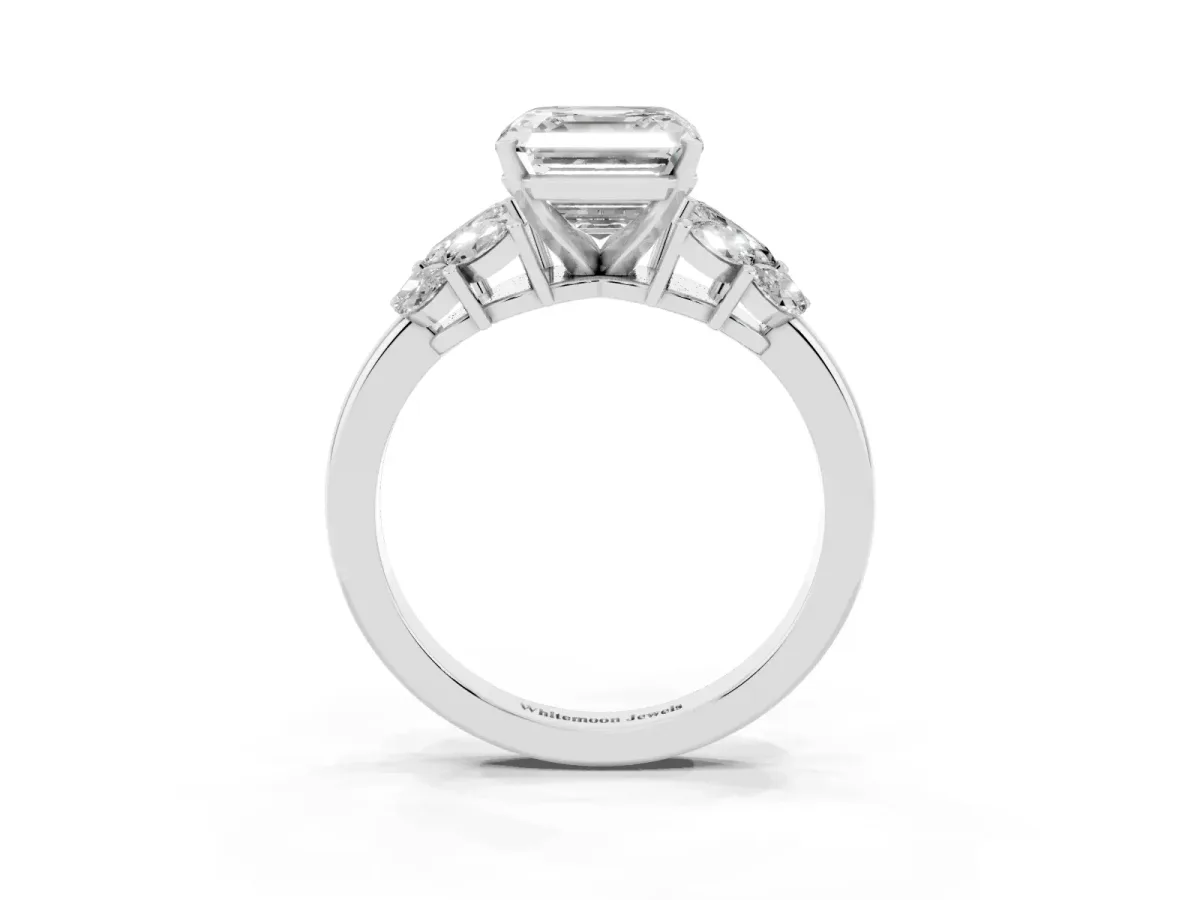 Asscher Cut Diamond Cluster Leaf Design Ring with Prong Setting White gold