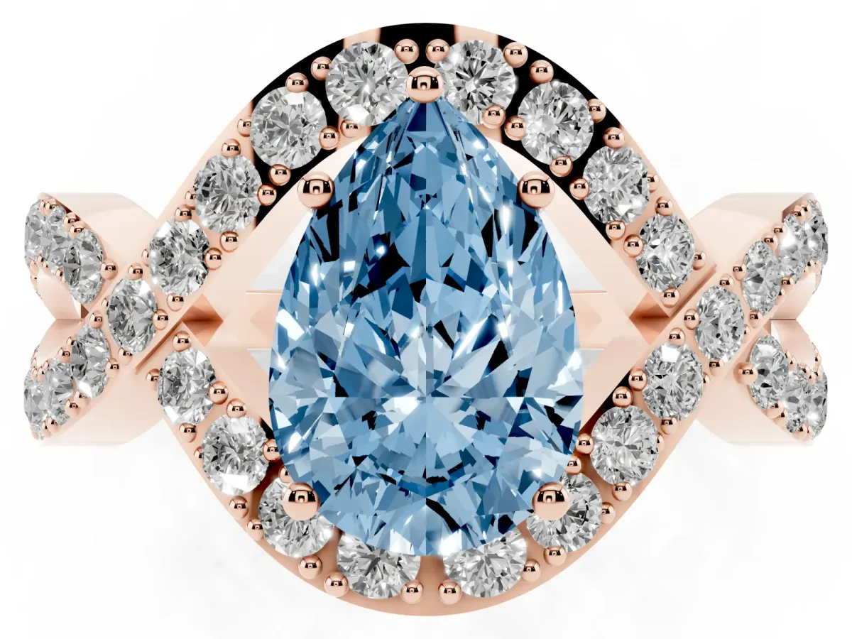 Fancy Blue Pear Cut Solitaire Twist Band Pavé Diamond Engagement Ring Rose gold
