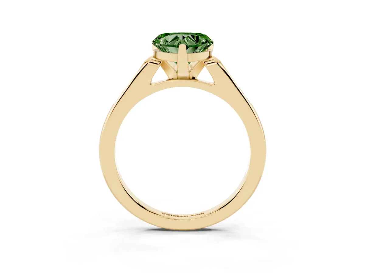 Fancy Green Heart Cut Diamond Solitaire Ring with Channel Set Round Band and Prong Setting Yellow gold
