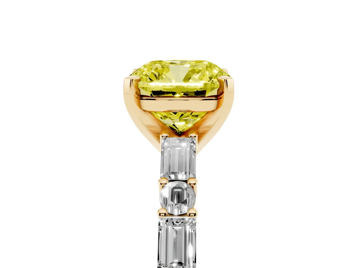 Fancy Yellow Cushion Cut Diamond Solitaire with Side Baguettes and Channel Set Band Yellow gold