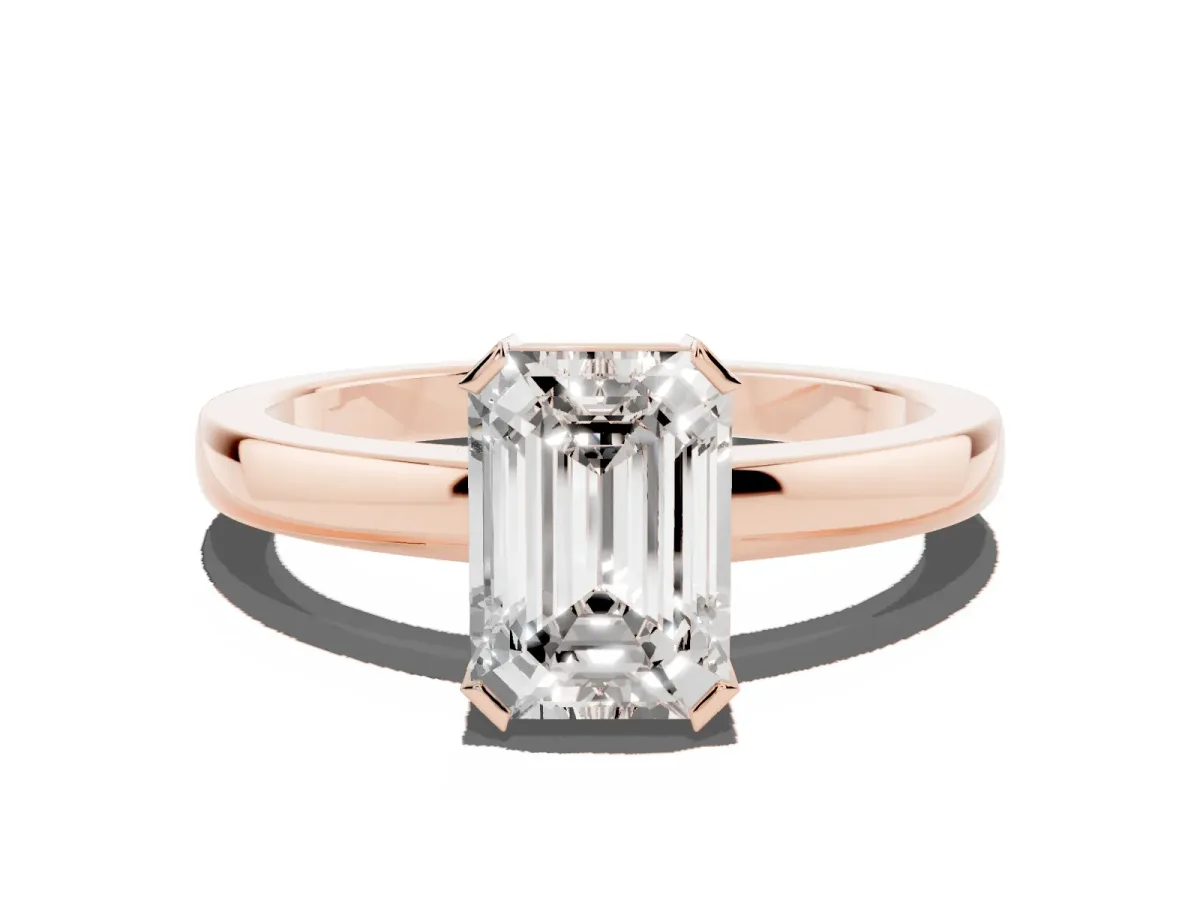 Emerald Cut Cut Solitaire Ring with Four-Prong Setting and Classic Band Rose gold