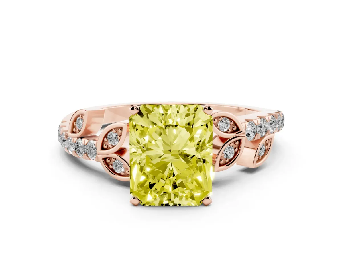 Fancy Yellow Radiant Cut Solitaire Leaf-Inspired Diamond Ring with Pavé Band and Four-Prong Setting Rose gold