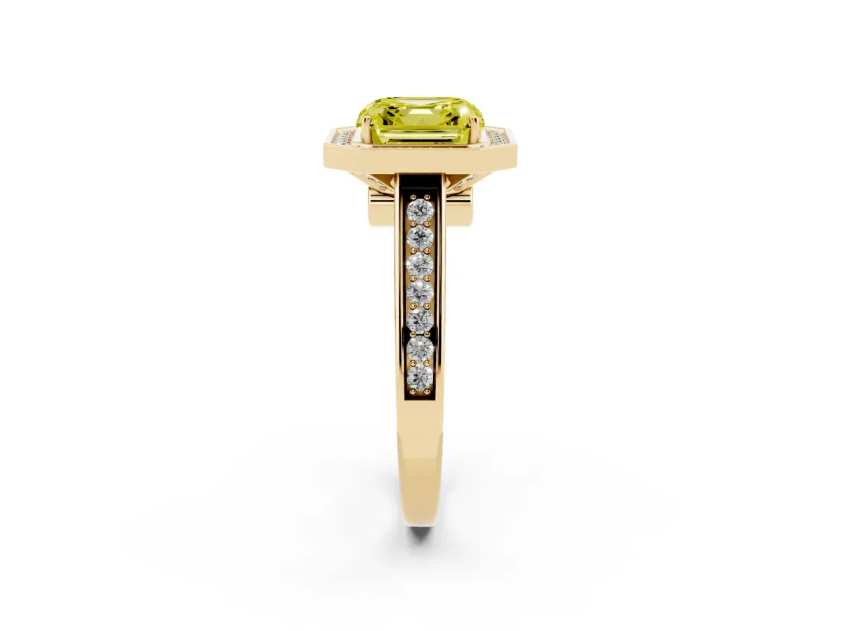 Fancy Yellow Asscher Cut Halo Solitaire Diamond Ring with Pave Band and Bezel Setting Yellow gold