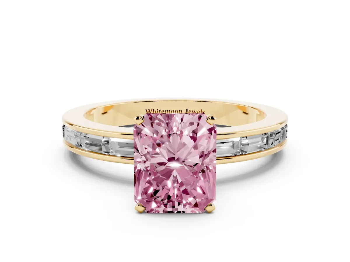 Fancy Pink Radiant Cut Solitaire Diamond Ring with Channel-Set Baguette Band and Four-Prong Setting Yellow gold
