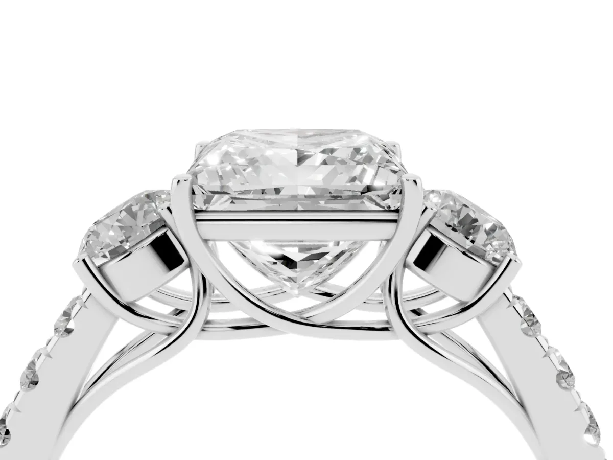 Princess Cut Cut Diamond Three-Stone Ring with Round Side Stones and Pavé Band Platinum