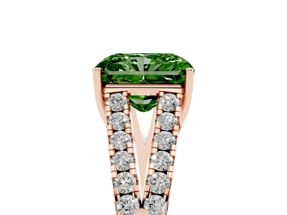 Fancy Green Radiant Cut Diamond Split Shank Engagement Ring with Round Pavé and Prong Setting Rose gold